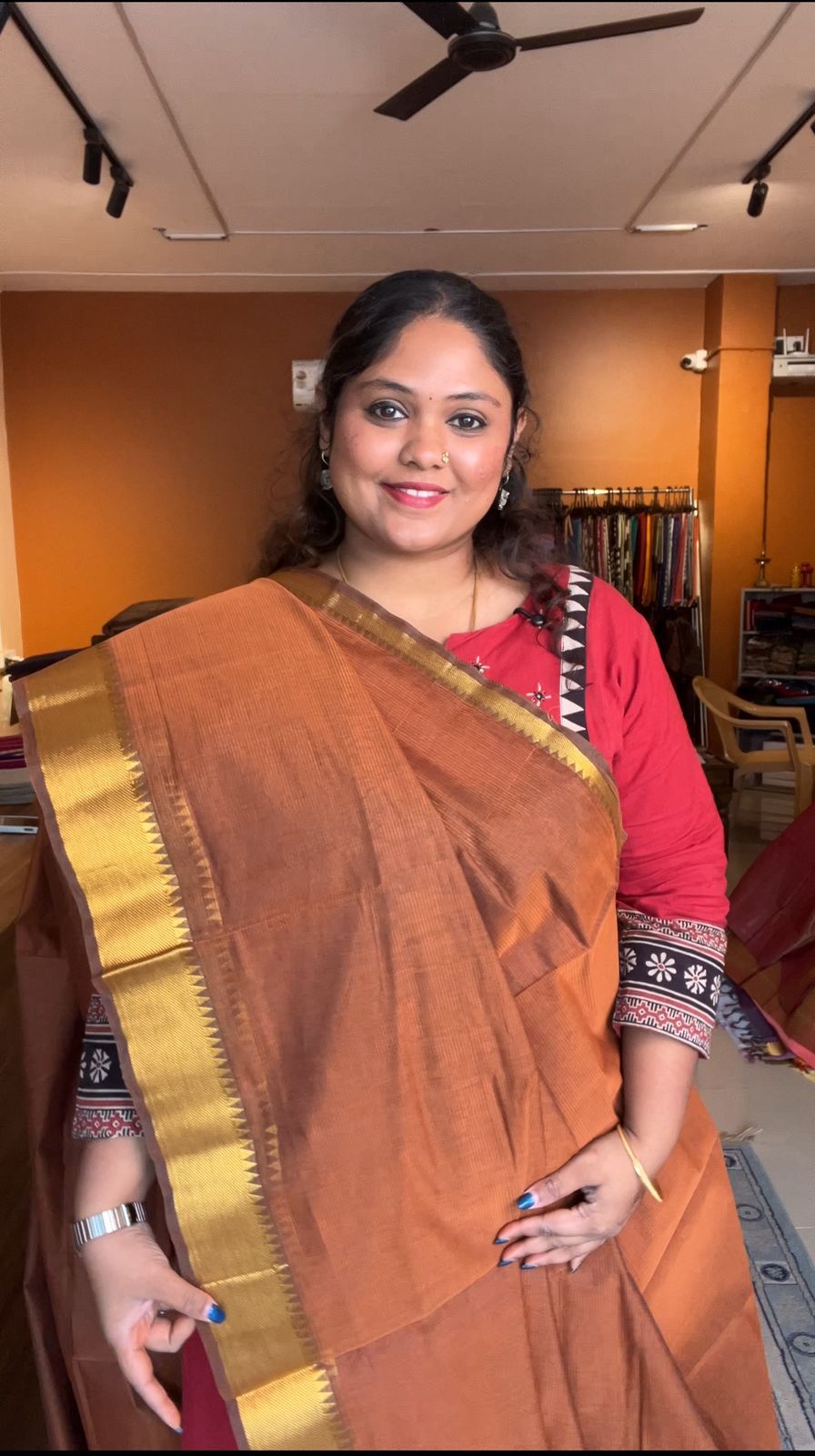 Mangalagiri Pure Cotton Saree with kalamkari blouse - 15-06-05-06 (3 Inch Border)