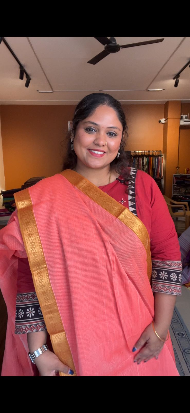 Mangalagiri Pure Cotton Saree with Kalamkari Blouse - 15-11-05-02 (Peach 1.5 Inch Border)