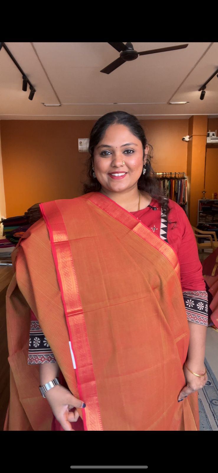 Mangalagiri Pure Cotton Saree with Kalamkari Blouse - 15-11-05-03 (Rusty Orange 1.5 Inch Border)