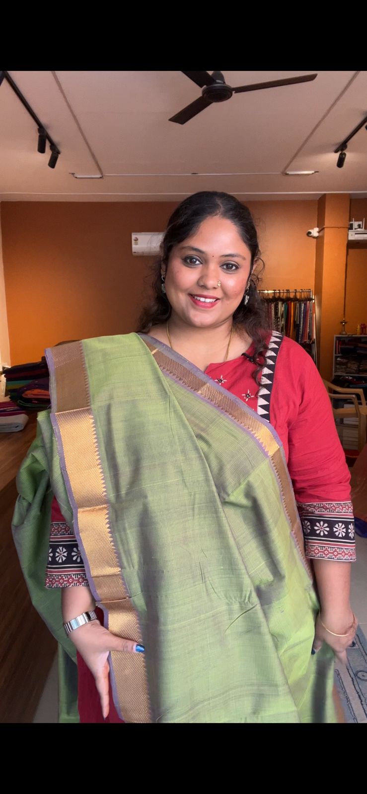 Mangalagiri Pure Cotton Saree - 15-11-06-12 (Olive Glimmer Colour 3 Inch Border)