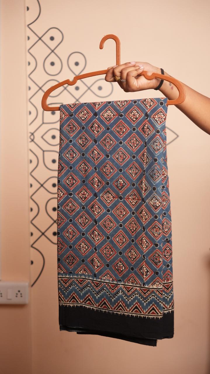 Ajrakh Cotton Saree - 46-12-01-03 (KUTCH NEEL)