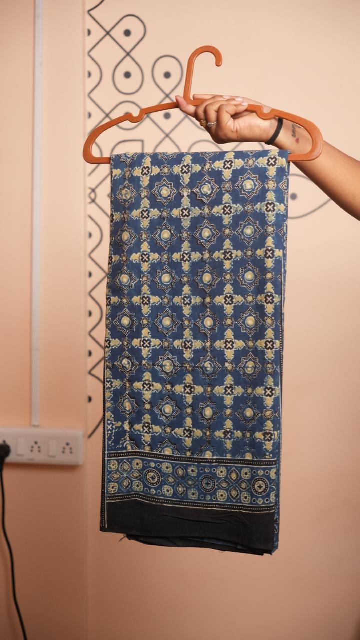 Ajrakh Cotton Saree - 46-12-01-10 (NEEL RAAT)