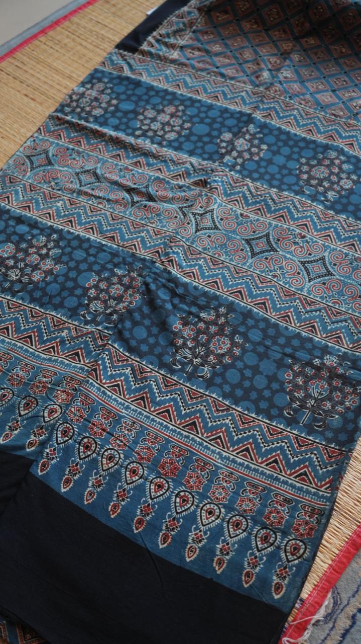 Ajrakh Cotton Saree - 46-12-01-03 (KUTCH NEEL)