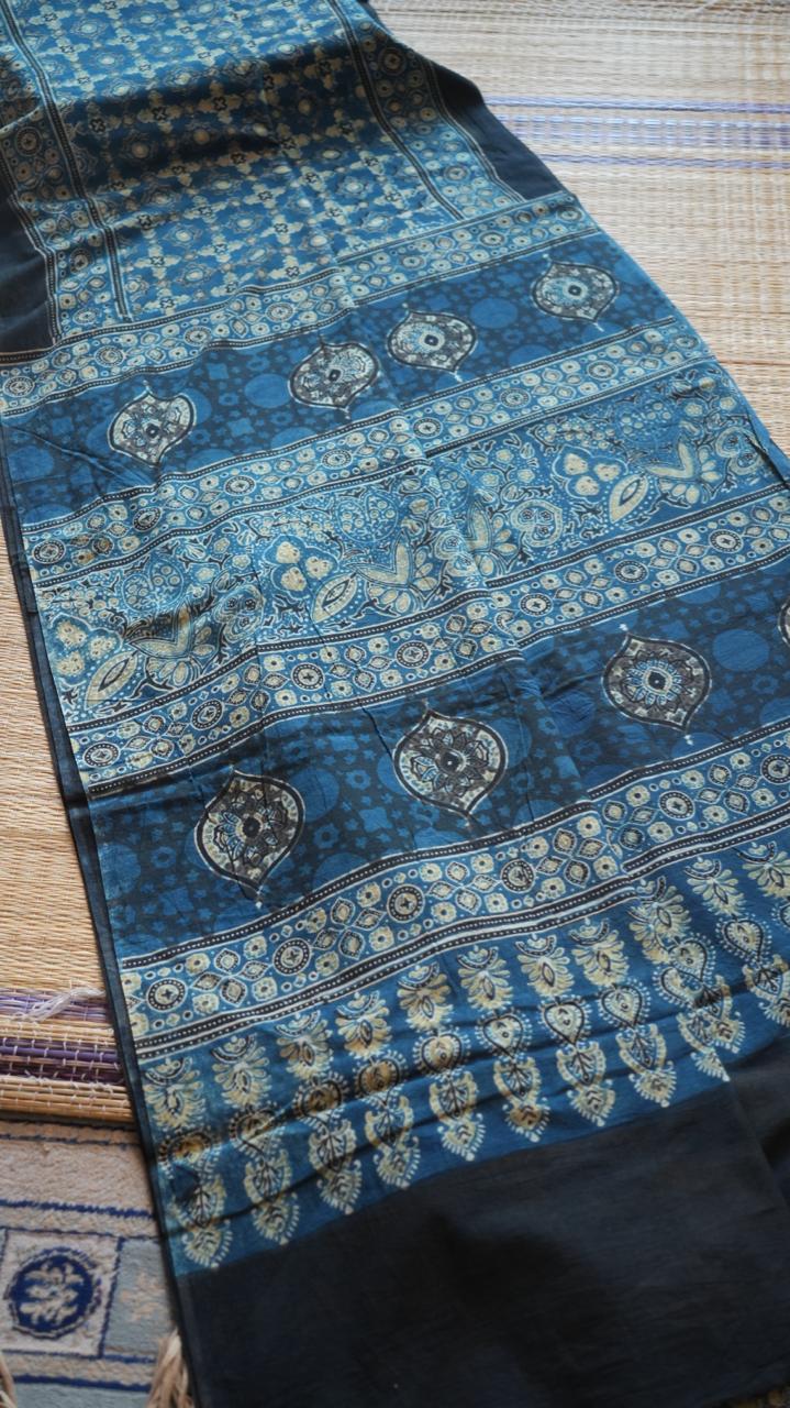 Ajrakh Cotton Saree - 46-12-01-10 (NEEL RAAT)