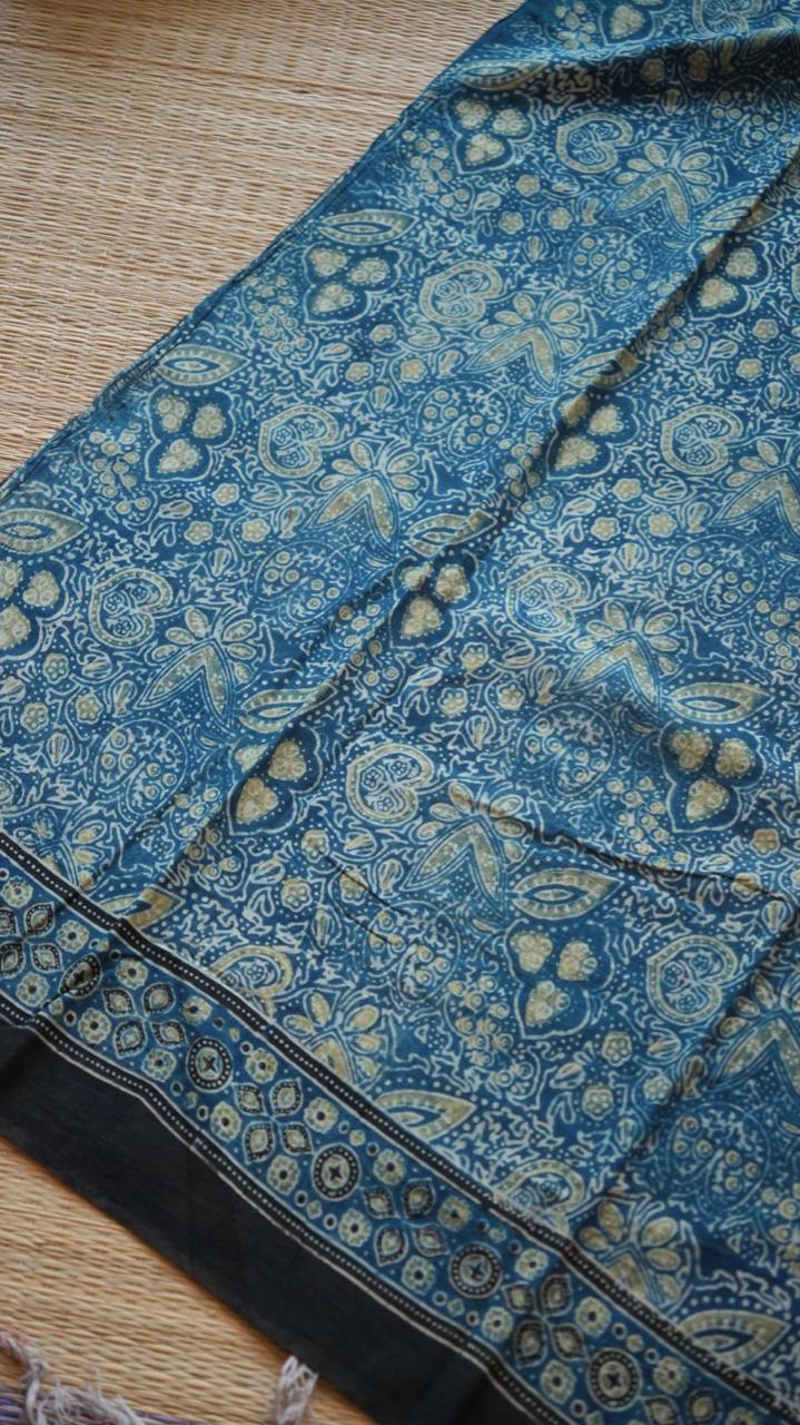 Ajrakh Cotton Saree - 46-12-01-10 (NEEL RAAT)