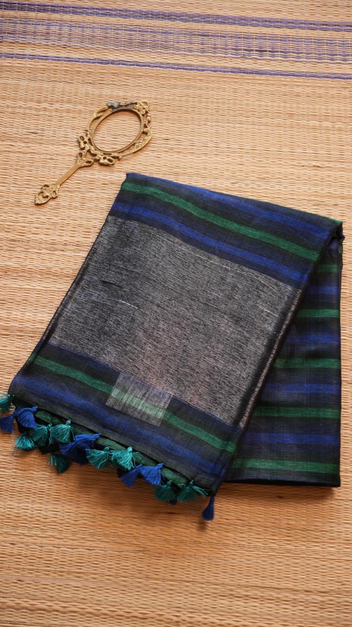 *PREORDERS ONLY* Baghalpuri Pure Linen Sarees -06-06-01-01 (GABLES NAVY) SHIPS IN 1 WEEK!