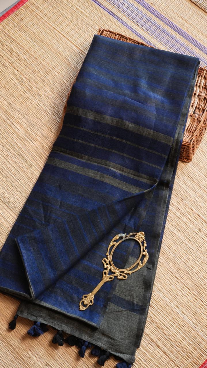 Bhagalpuri Pure Linen Saree - 06-06-01-10 (MOONLIT NAVY)