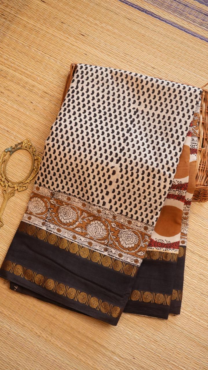 Madurai Cotton X Bagru Saree -11-06F-01-05 (CARAMEL MOCHA)