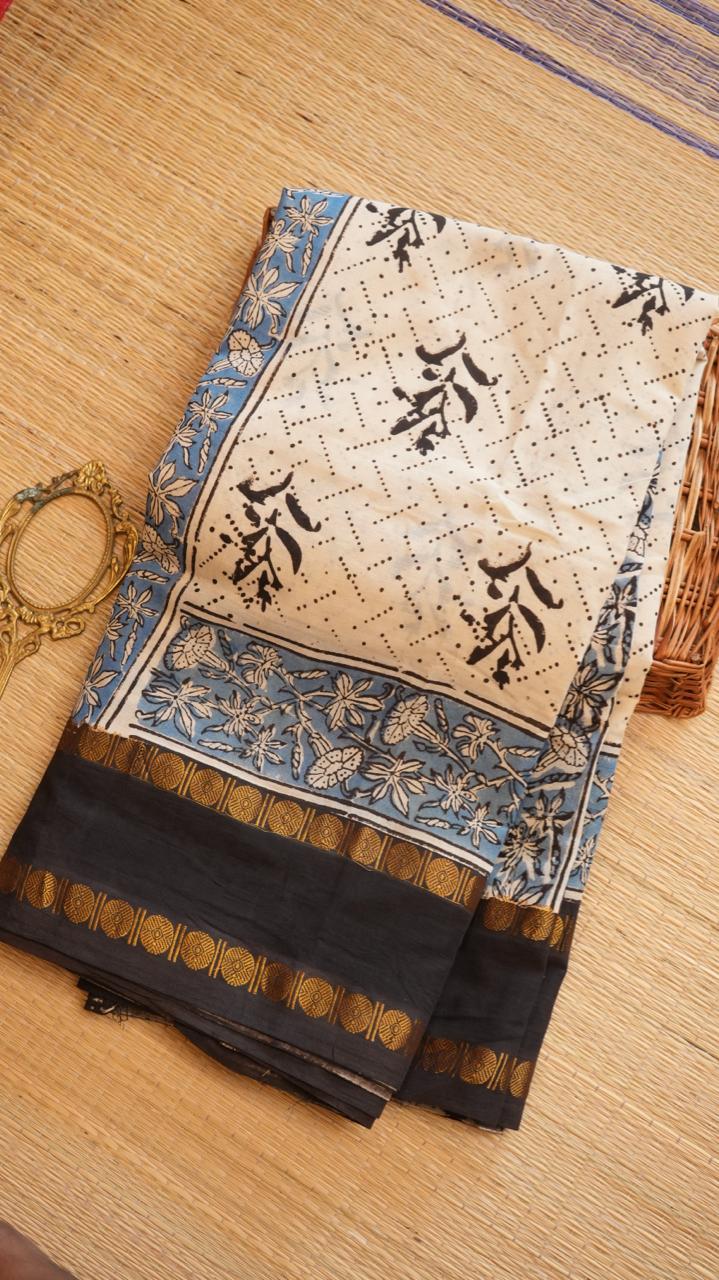 Madurai Cotton X Bagru Saree -11-06F-01-06 (MILK PUDDING)