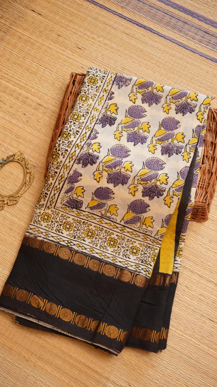 Madurai Cotton X Bagru Saree -11-06F-01-08 (LAVENDER CHEESECAKE)