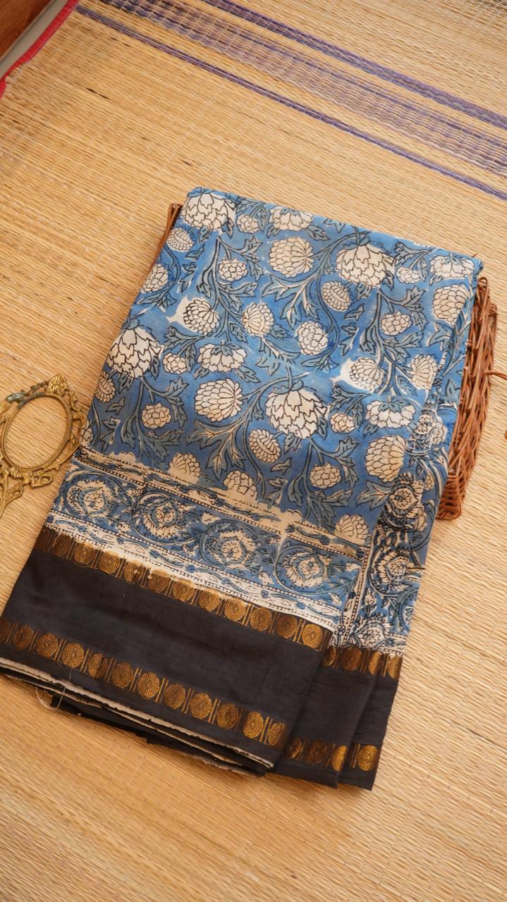 Madurai Cotton X Bagru Saree -11-06F-01-04 (BLUE MILK)