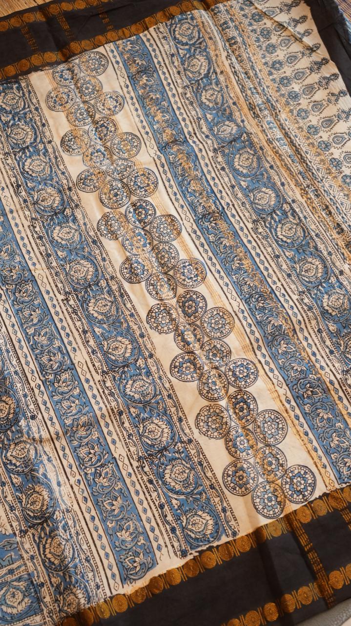 Madurai Cotton X Bagru Saree -11-06F-01-04 (BLUE MILK)