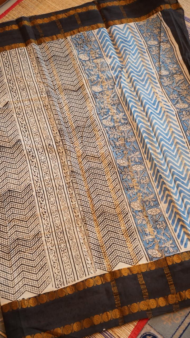 Madurai Cotton X Bagru Saree -11-06F-01-06 (MILK PUDDING)