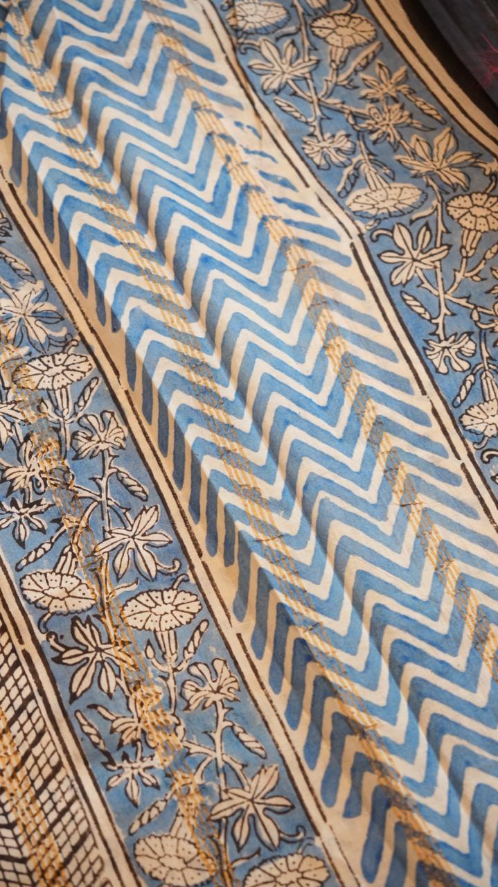 Madurai Cotton X Bagru Saree -11-06F-01-06 (MILK PUDDING)