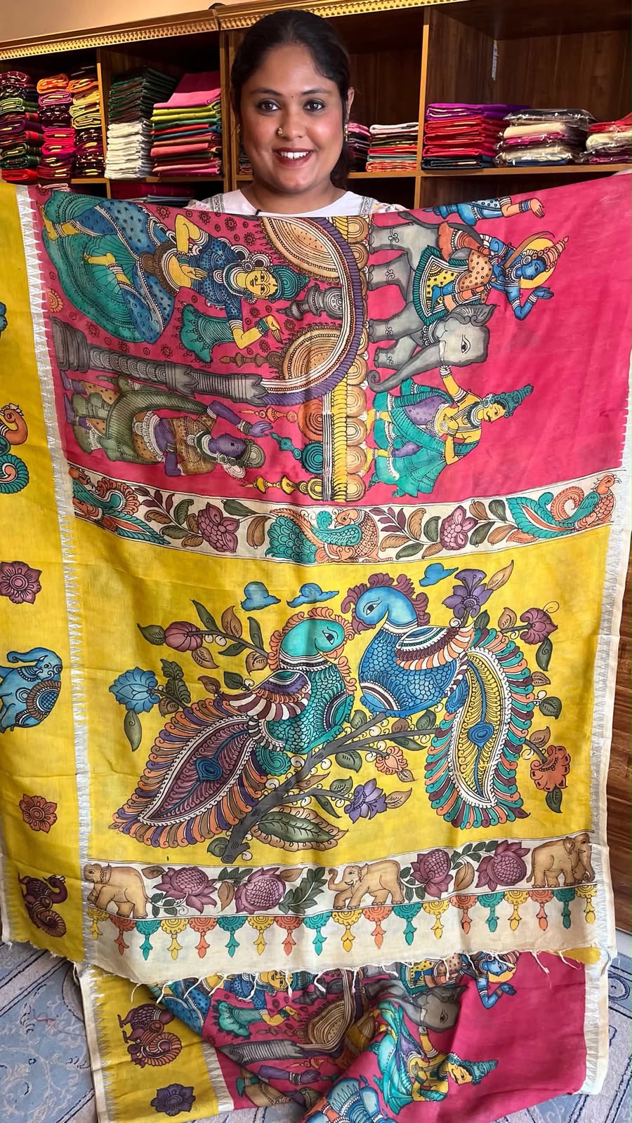 Pen Kalamkari Hand Painted Saree - 02-06-01-05 (Pink Yellow)