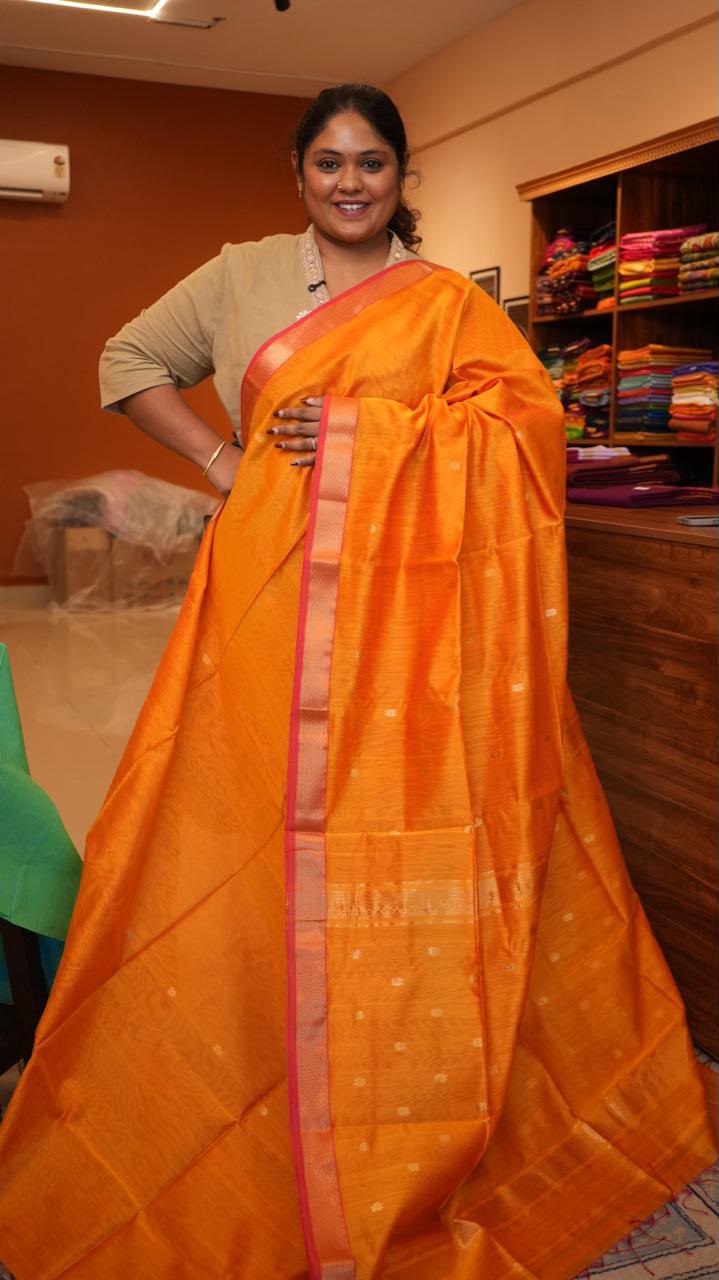 Maheshwari Small Border Bhutti Sarees - 05-07-01-08 (ORANGE PEKEO)