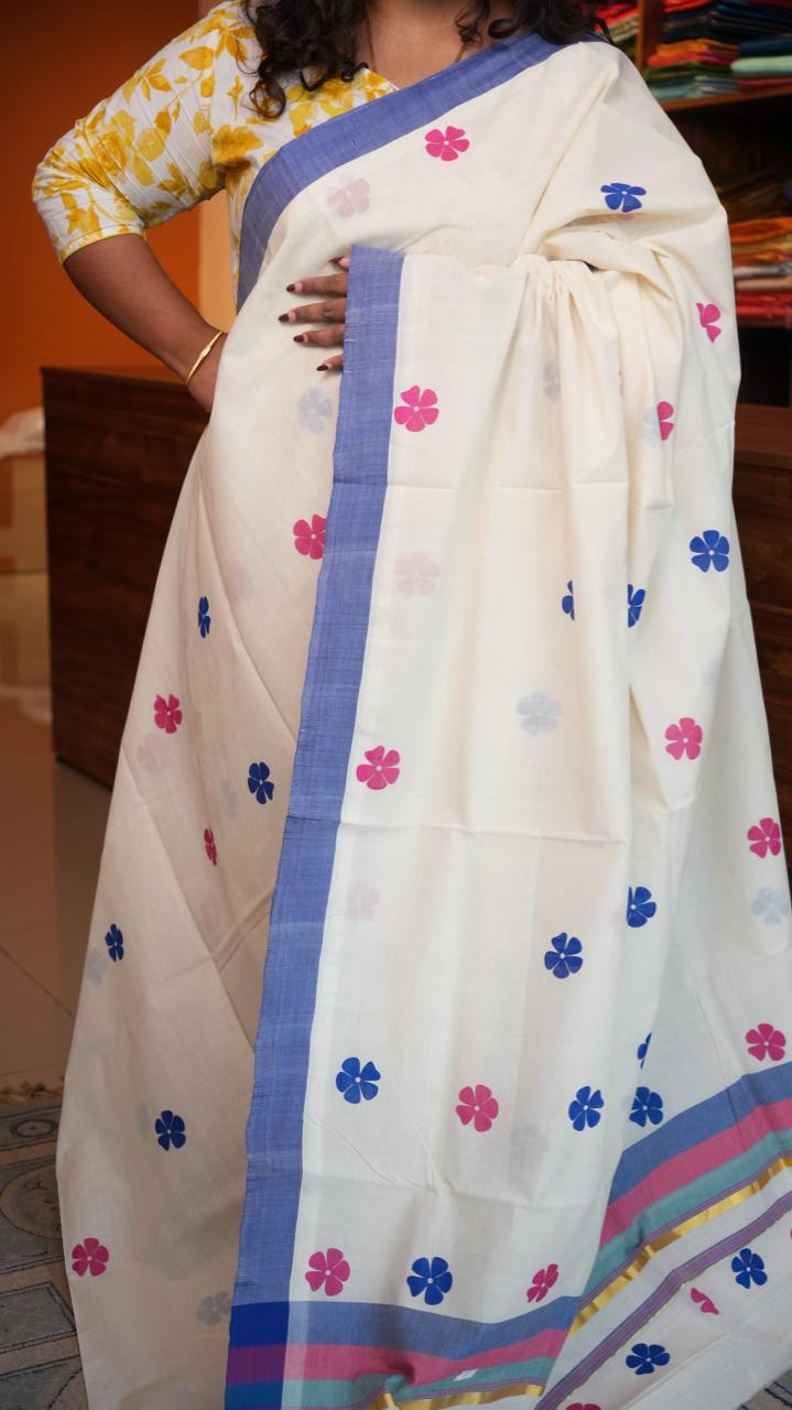 Handwoven Balaramapuram Kasavu Sarees - Handpainted -01-07-02-01 (POOKKALAM)