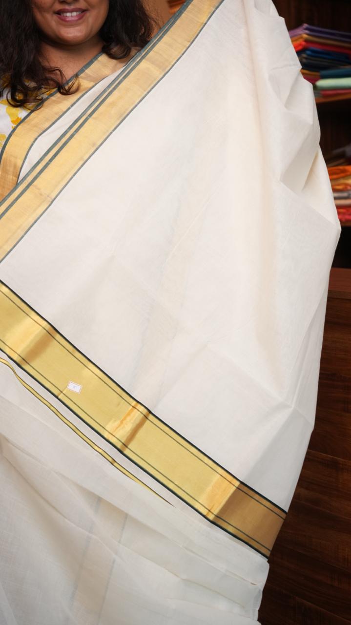 Handwoven Balaramapuram Kasavu Sarees - 01-07-03-02 (EMERALD GOLD KASAVU)