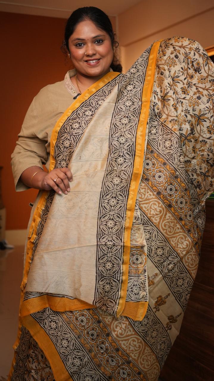 Chanderi Sanganeri Prints Saree - 05-08-01-04 (OCHRE BLOOM)