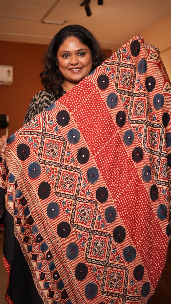 Ajrakh Modal Silk with Mirror work Saree -46-09-01-08 (GAIRIKA)