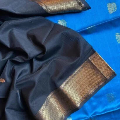 Maheshwari Silk Cotton Black with Blue Saree 05-01-MSC-LB-07