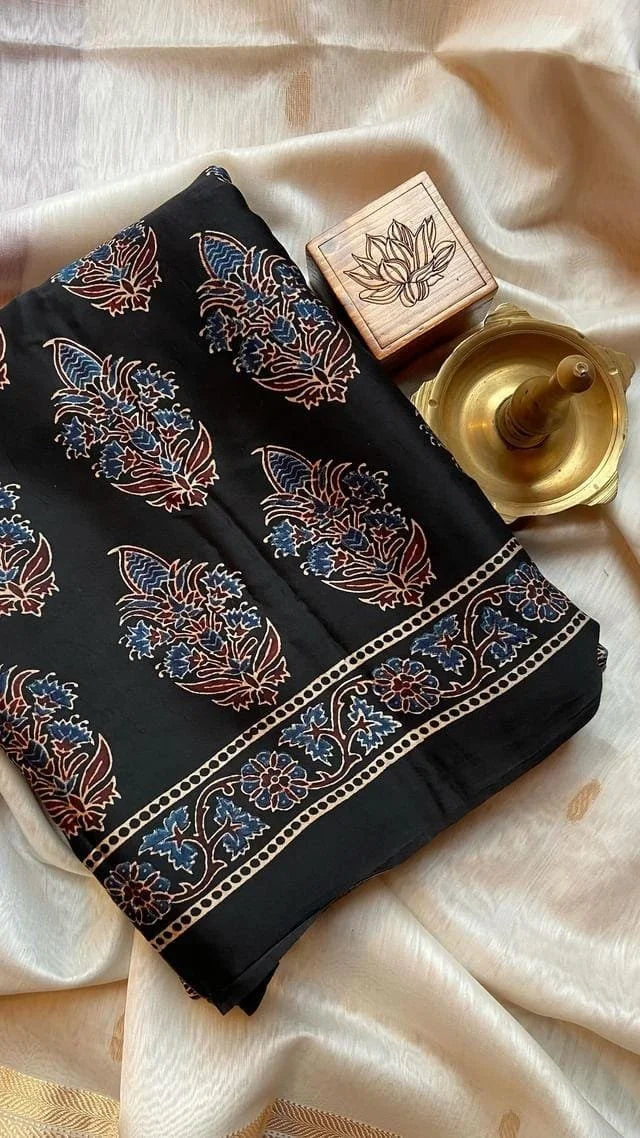 Ajrakh Modal Silk Black Saree 46-05-AMS-02