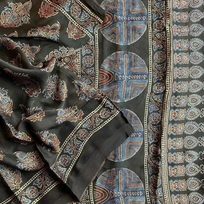 Ajrakh Modal Silk Black Saree 46-05-AMS-02