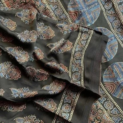 Ajrakh Modal Silk Black Saree 46-05-AMS-02