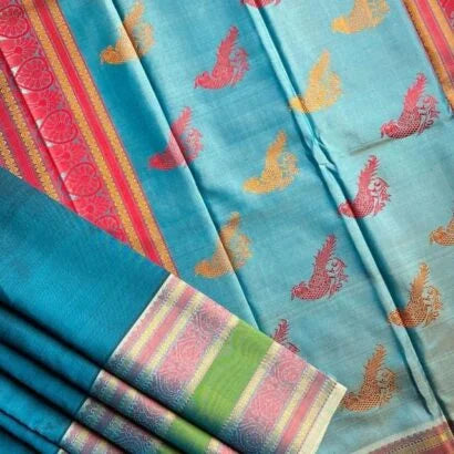 Pure Silk Kancheevaram Sarees01-10-19-PSC-01 – Chinthamani blue with red